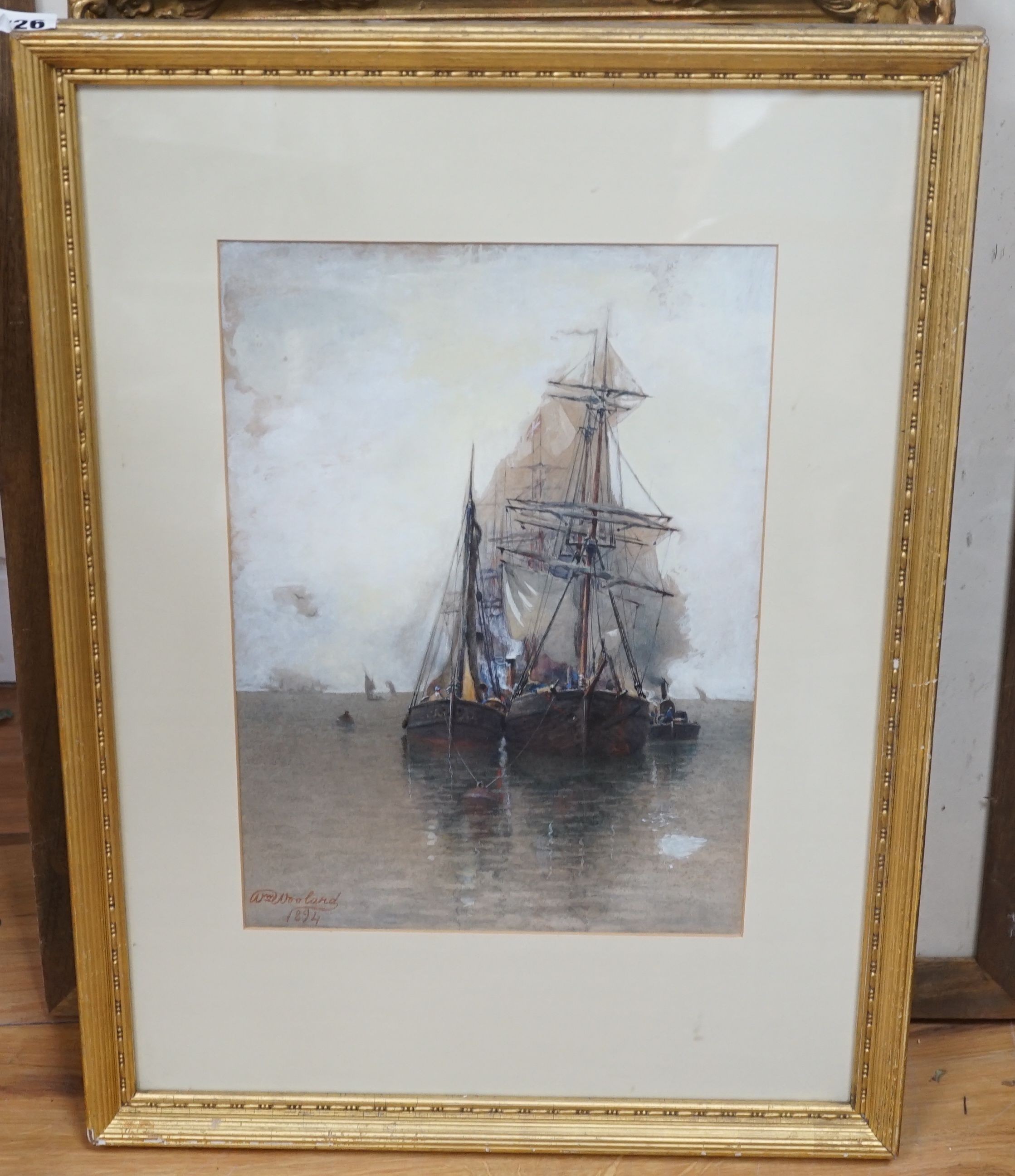 William Woolard (fl.1883-1908) watercolour, shipping, signed and dated 1894, 36.5 cm X 26 cm